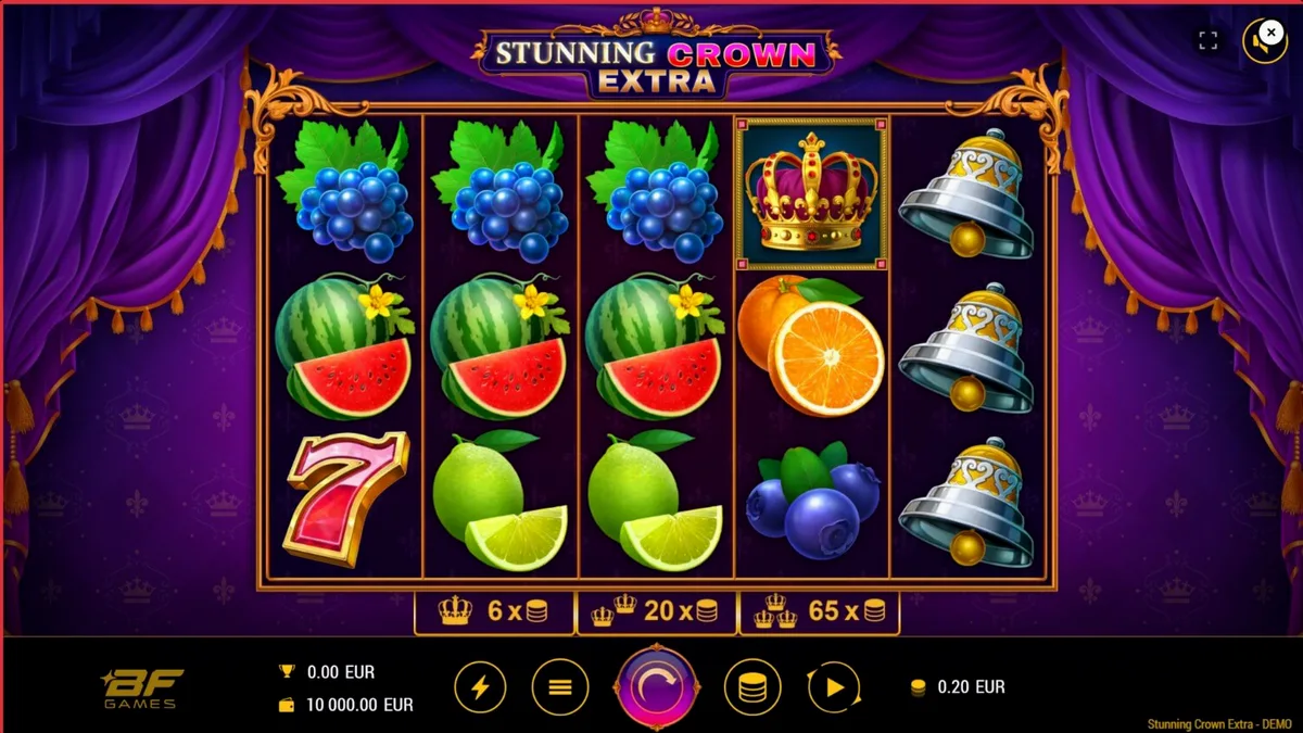 Tampilan visual slot Stunning Crown Extra dengan simbol mahkota dan permata yang berkilau.