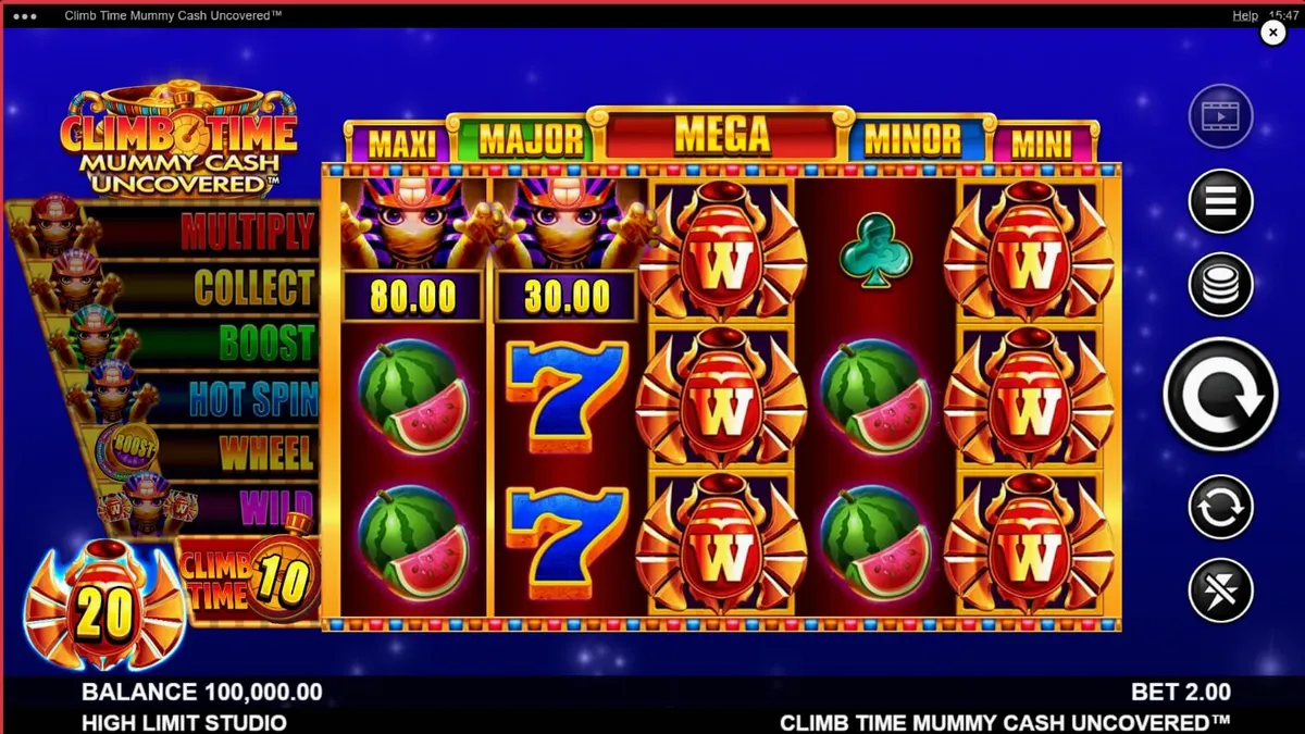 Tampilan visual slot Climb Time Mummy Cash Uncovered dengan latar belakang malam Mesir yang modern.